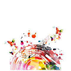 Music background with colorful vinyl record and music notes vector illustration design. Artistic music festival poster, events, party flyer, music notes signs and symbols