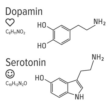 Dopamin and serotonin hormones vector chemical formulas. Love and happiness emotions. Chemical molecular formula.