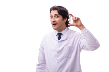 Young chemist isolated on white background 