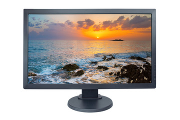 Computer monitor isolated on white with screensaver running