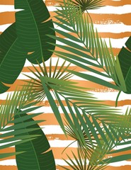 Summer tropical palm leaves seamless pattern on copper texture stripes.