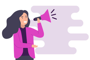 Woman speaking on a megaphone for feminist support vector. Happy Women's Day concept. Cartoon character of girl. Vector illustration flat style.