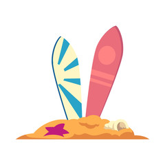 Two surfboards stand in the sand with a shell and a starfish.