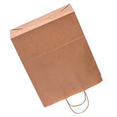One Empty Brown Paper Bag. Recycled paper Shopping Bag isolated on white background.