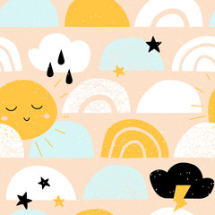Cute baby seamless pattern with sun, rainbow, star, and cloud. Vector childish background in scandinavian style. Vector illustration for print, design, fabric.