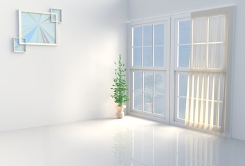 Warm white room decor with white cement wall, tile floor, curtain, window,picture frames.The sun shines through the window into the shadows. 3D render.