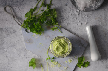 Homemade bio flavored salt with herbs