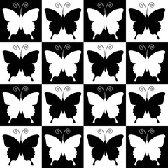 Chess board seamless pattern. Black and white squares with butterflies