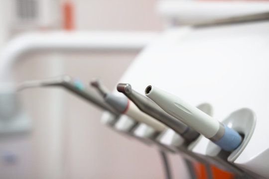 Dental tools in dentist office. Dental equipment in clinic