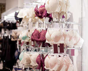 Women's bras for sale in market. Vareity of bra hanging in lingerie underwear store. Advertise, Sale, Fashion concept