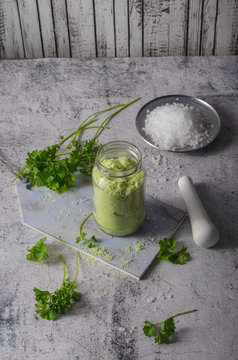 Homemade bio flavored salt with herbs