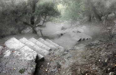 Stone staircase leading from the St. George Monastery on Cape Fiolent, Crimea Peninsula, to the...
