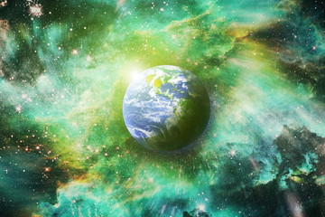 Earth in the outer space collage. Earth and galaxies in space. Science fiction art. Earth planet in...
