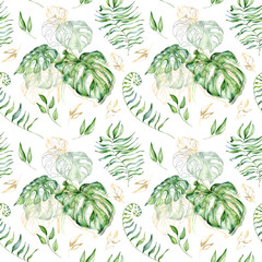 Tropical watercolor seamless pattern with green leaves illustration