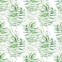 Tropical watercolor seamless pattern with green leaves illustration