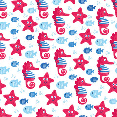 Cute sea vector animals of the deep: fish and sea horse.  Cartoon seamless pattern on a dark background. It can be used for backgrounds, surface textures, wallpapers, pattern fills