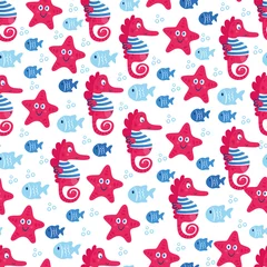 Wallpaper murals Sea animals Cute sea vector animals of the deep: fish and sea horse.  Cartoon seamless pattern on a dark background. It can be used for backgrounds, surface textures, wallpapers, pattern fills