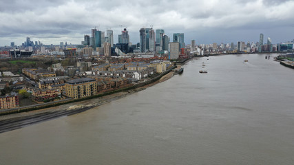 Fototapeta na wymiar Aerial drone bird's eye view of iconic skyline in City of London, United Kingdom