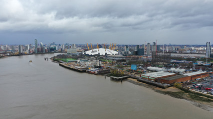 Aerial drone bird's eye view of iconic skyline in City of London, United Kingdom