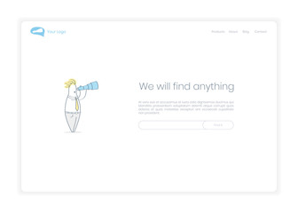 Finder, Search Engine, Finding Solutions Landing Page Template. Main Page Cartoon Businessman with Spyglass and Search Bar for Website or Landing Web Page. Clean Outline Landing Page concept.