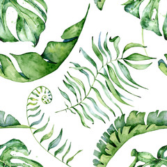 Naklejki  Tropikalny wzór akwarela z zielonymi liśćmi ilustracji