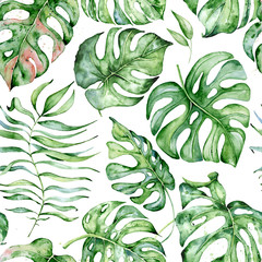 Fototapety  Tropikalny wzór akwarela z zielonymi liśćmi ilustracji