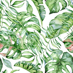 Fototapety  Tropikalny wzór akwarela z zielonymi liśćmi ilustracji