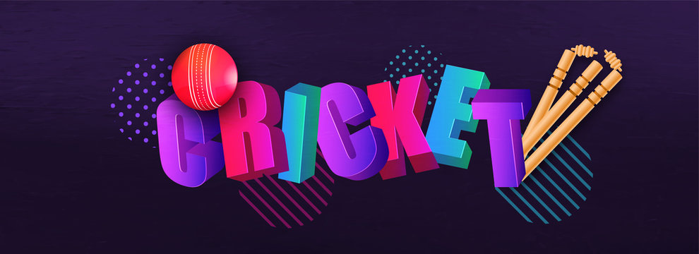 3D text with abstract purple background for Cricket Match header poster or banner design with wicket and ball equipment.