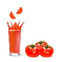 Glass with tomato juice.Tomato closeup. Red tomato.