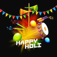 Happy Holi poster or flyer design on abstract colorful rays with holi playing elements.