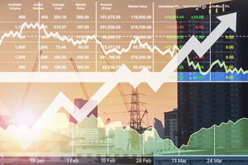Stock financial index data presentation report background of silhouette tower crane working on construction site for successful business investment.