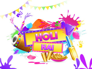 Holi festival celebration poster or banner design with illustration of festival elements on colorful background with balloon and bunting decoration.