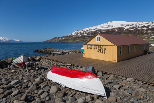 Fishing boats and shed in the marina of the small village of Grenivik, Iceland