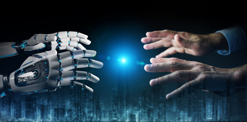 Robot hand making contact with human hand on dark background 3D rendering