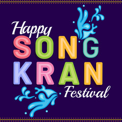 Colorful Happy Songkran festival poster or flyer with water drop design on purple background.