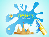 Stylish text Songkran on blue background, festival of water and colors celebration poster or banner design.