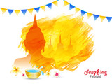 Songkran Festival on color splash transparent background, illustration of buddha, buddhist temple and butning decoration poster or flyer design.