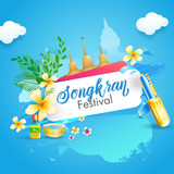 Water Festival of Songkran poster or flyer design with illustration of different festival element on sky blue background.