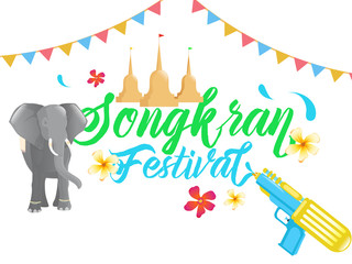Water Festival of Songkran poster or flyer design with illustration of elephant, coconut tree and different element on white background.