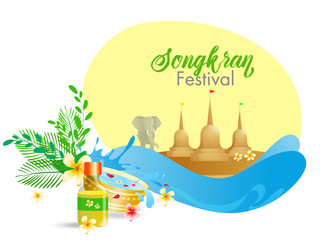 Water Festival of Songkran poster or flyer design with illustration of elephant, coconut tree and different festival element on white background.