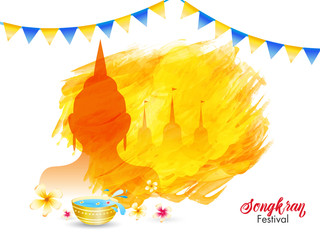 Songkran Festival on color splash transparent background, illustration of buddha, buddhist temple and butning decoration poster or flyer design.