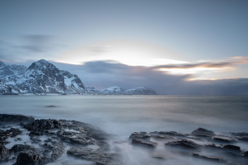 Naklejka na ściany i meble Beautiful rocky Vareid beach, Flakstadøya, Lofoten Islands, Norway