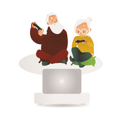 Vector elderly couple having fun play video game