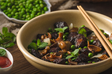 Homemade thai meat with forest mushrooms