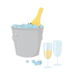 With objects: champagne, glasses, empty glass, ice bucket, ice. Design elements isolated on white.