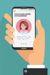 Male hand holding mobile phones with dating app profile on display.Concept on online dating application.Pretty young woman account. Searching for romantic relationship.Flat cartoon vector illustration