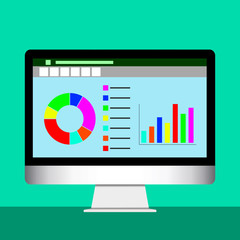 Vector illustration of Data Analytics on  computer screen. Analytical dashboard concept. Financial accounting, big data analysis, audit, project management, marketing, search engine optimization.