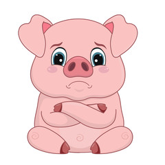 Cartoon pig with offended upset face, emotion, design element.