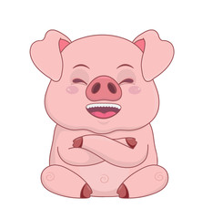 Piggy laughing, cartoon postcard sticker, design element isolated on white.