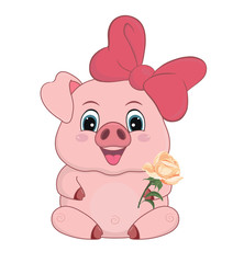 Cartoon, cute pig with flower isolated on white background-vector